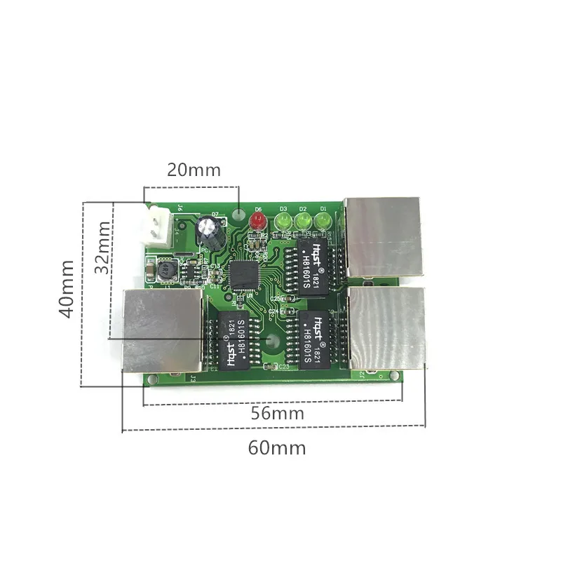 Carte de commutation hub de réseau Ethernet 10/100mbps, mini rapide, usine OEM, 3 ports lan, pcb à deux couches, port de tête rj45, 5V 12V