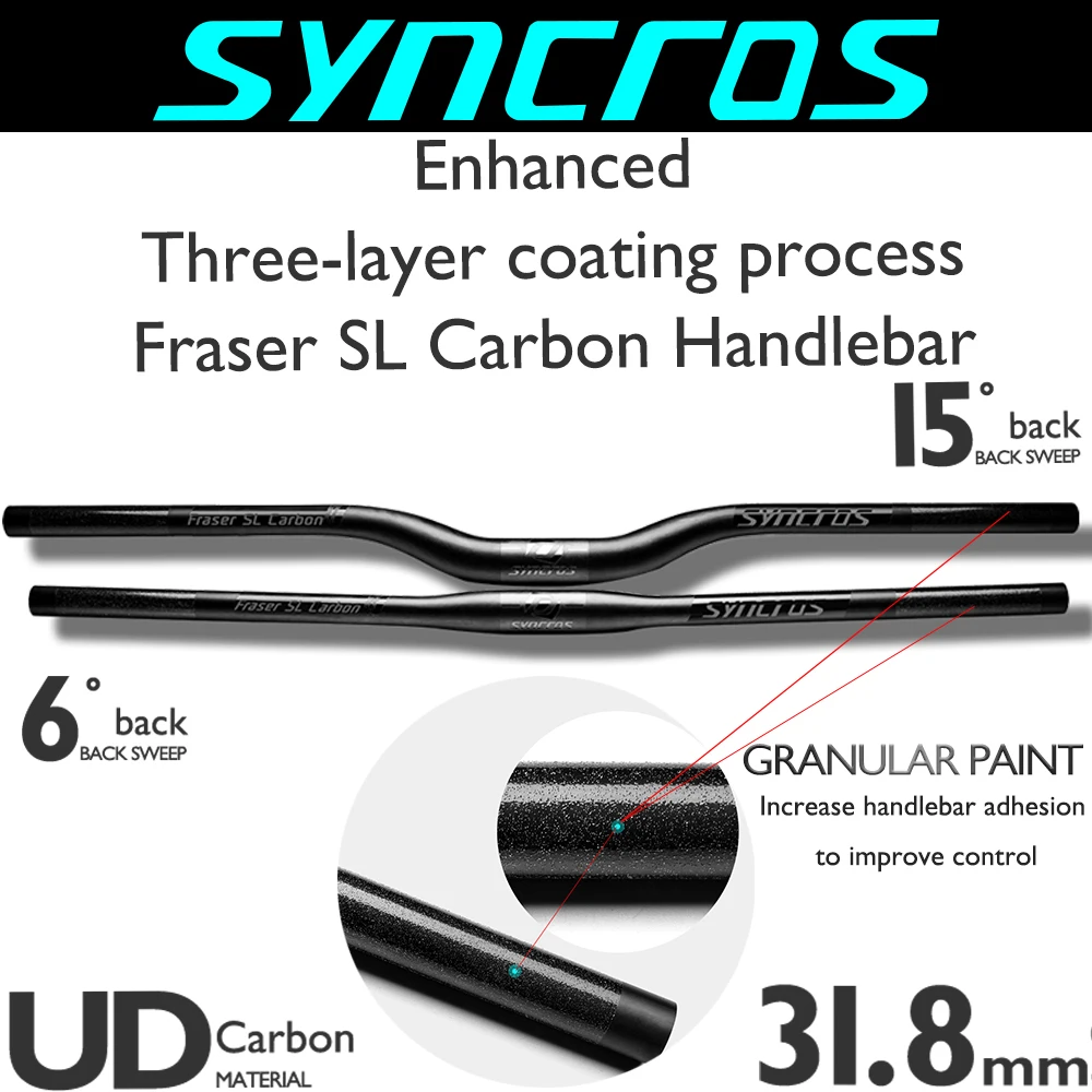 SYNCROS-Full Carbon Handlebar for Mountain Bicycle,MTB Bike Handlebar, Flat and Rise Clamp, 31.8mm,660-740mm,Back sweep,6°,15°