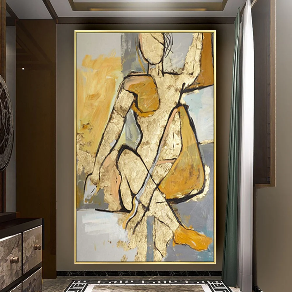 

Light luxury wall decor art hand reproduction of Picasso's works of people oil painting Abstract Golden figure outline picture