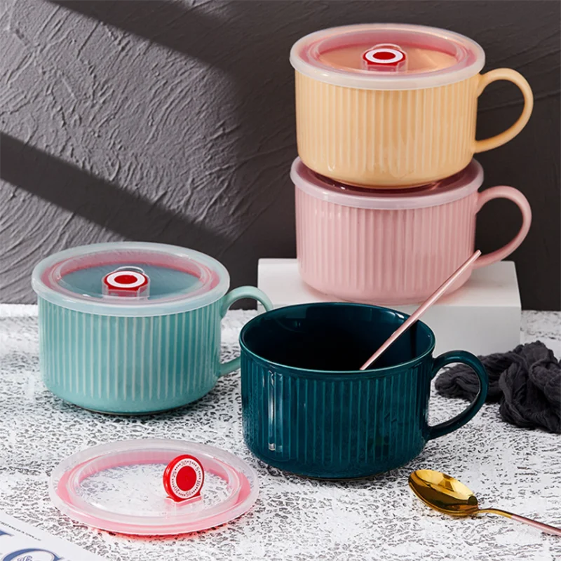 Ceramic Large-Capacity Mug Fresh-Keeping Noodle Bowl Nordic Minimalist Breakfast Milk Coffee Oatmeal Cup With Lid Espresso 2021