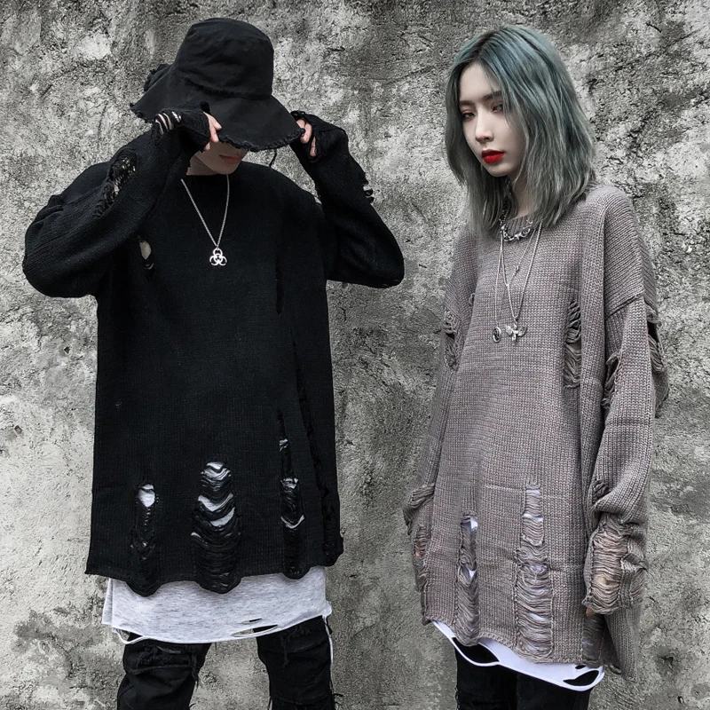 

Broken hole punk ugly knitted sweater ripped destroyed oversize pullover men women black vintage hip hop jersey sueter hombre