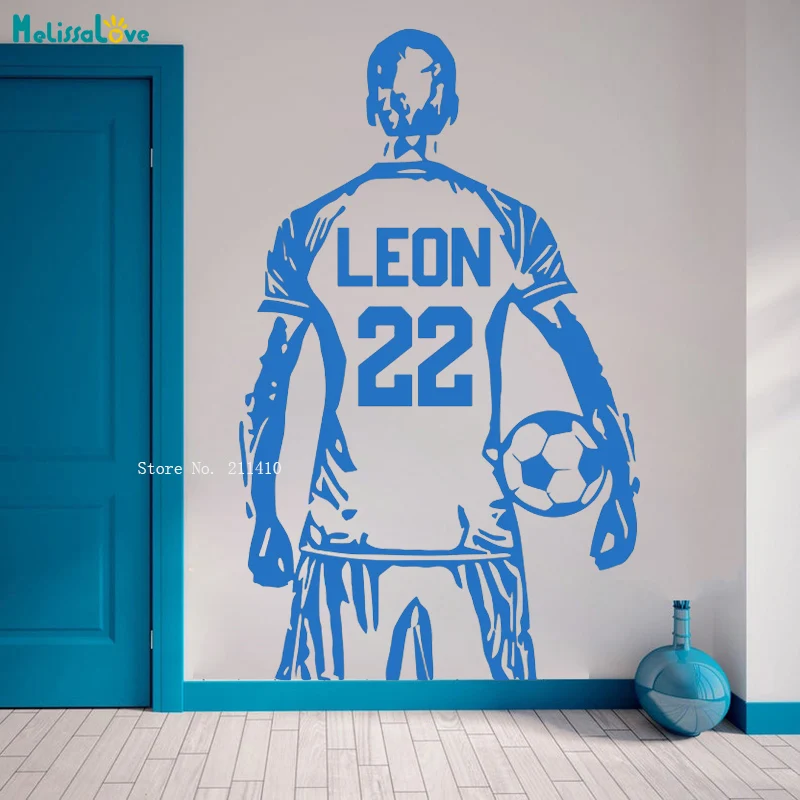 Custom Name and Number Football Wall Stickers Personalized Art Soccer Player Boys Room Window  Vinyl Decals YT6136