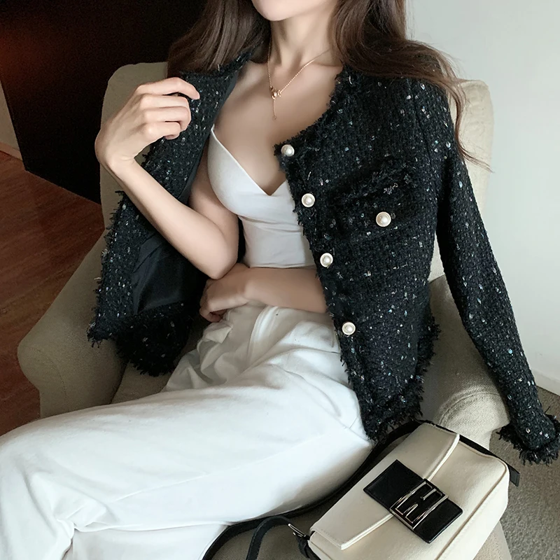 Chaqueta de Tweed de alta calidad para mujer, abrigo corto elegante coreano con una sola hilera de perlas y fragancia, novedad de otoño, 2022