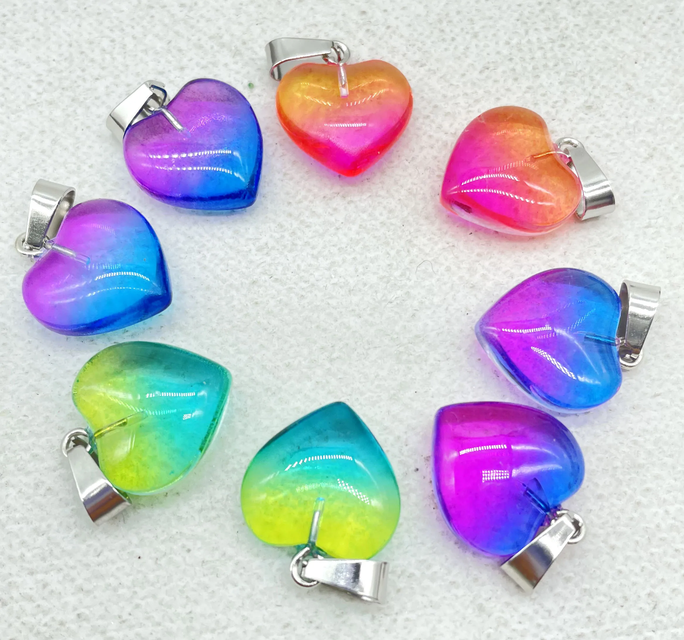 16mm Natural Gem stone Quartz Crystal opal Cat\'s eye Colorful charms heart pendants for diy jewelry making Necklace 12pcs