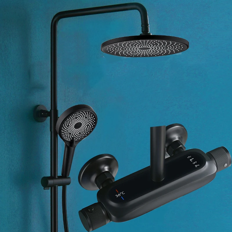 Luxury Black  Thermostatic Shower Faucet Set Rainfall Bathtub Tap High-quality Multifunctional  Handled Shower