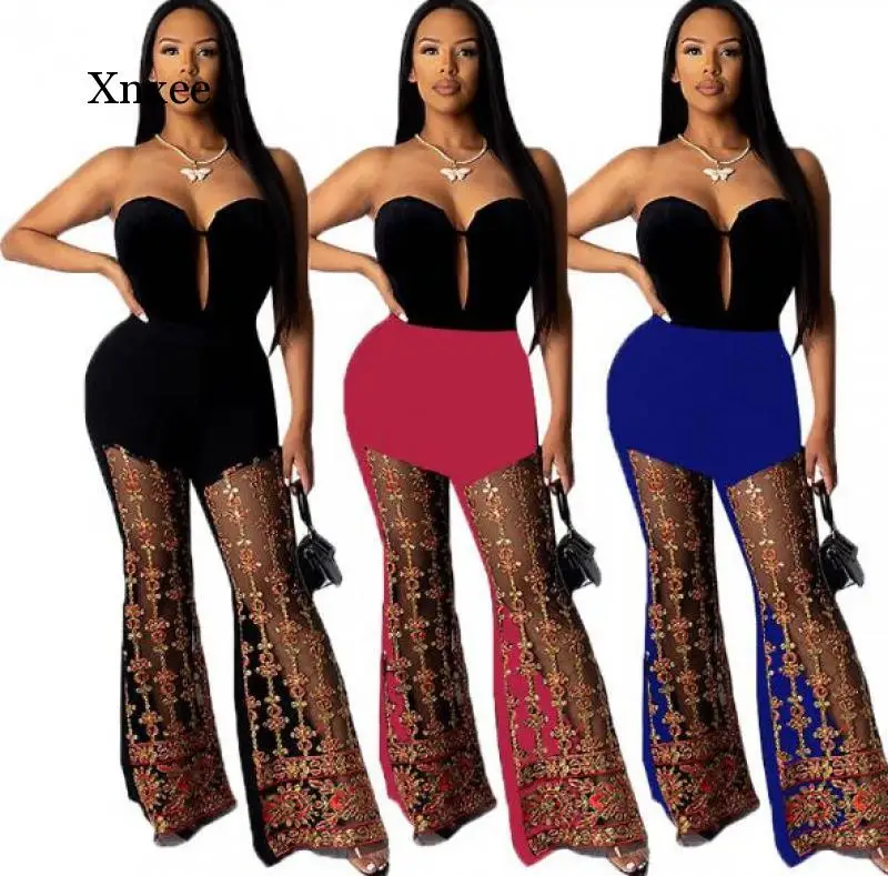 Flared Legs Pants Women Transparent Embroidery Gold Summer Sexy Night Party Trousers Clothing