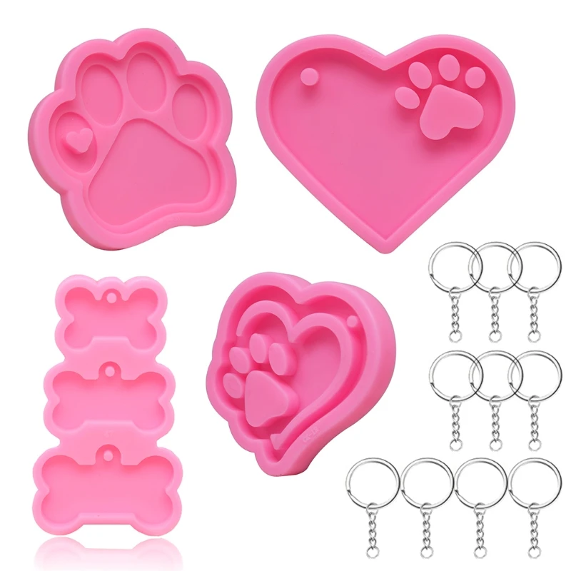 4 Pieces Dog Paw Silicone Moulds with 10pcs Keyrings Heart Dog Paw Dog Bone Shape Epoxy Resin Mold DIY Crafts Mold A0NF