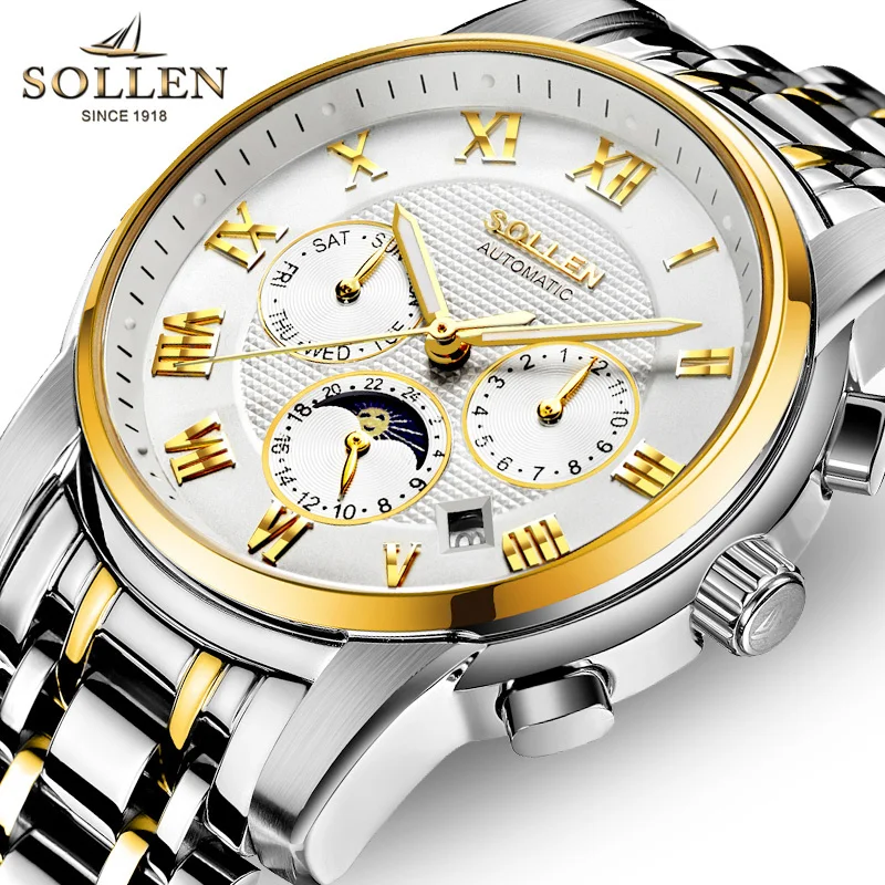 Switzerland SOLLEN Luxury Brand Men's Automatic Mechanical Watches Multi-function Luminous Moon Phase Sapphire Steel Clock SL802