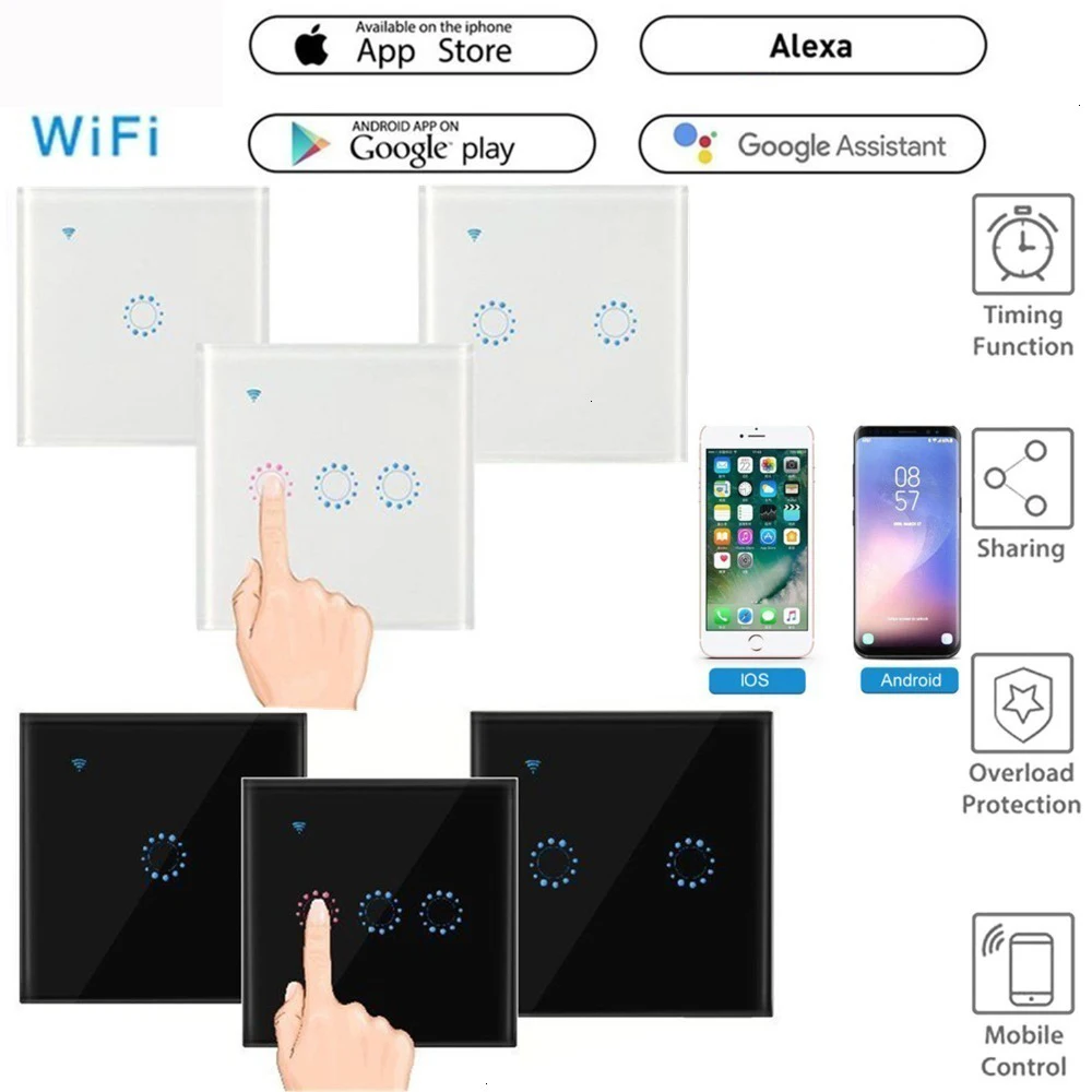 

220V WiFi EU Standard Touch Switch Smart Light Switch Tempered Glass Panel Wall interruptor 1/2/3/4 Gang Work With APP