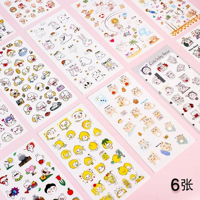 

10 Set (60 sheets) Korean Stationery Stickers 1 Pack 6 Transparent PVC Cartoon Student Children DIY Notebook Hand Decor Stickers