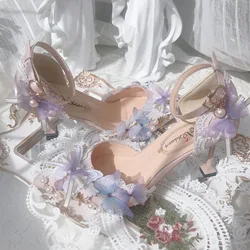 Sweet Flower Wedding Butterfly High Heels 5cm/8cm Lolita Woman Shoes Pearl Decoration Beautiful Girls Kawaii Fairy Wedding Shoes