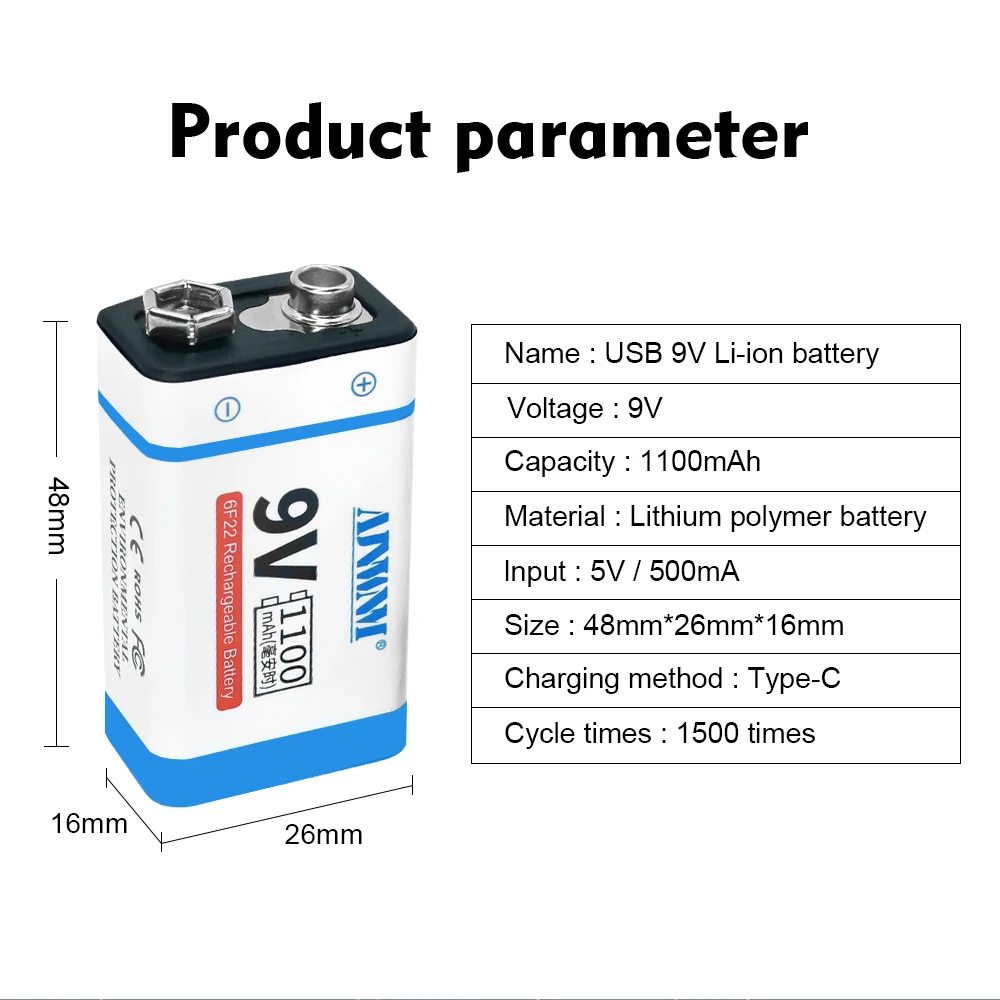 Batteria ricaricabile USB AJNWNM 9V 1100mAh 6F22 tipo-c 9V batterie al litio per microfono multimetro giocattolo telecomando KTV
