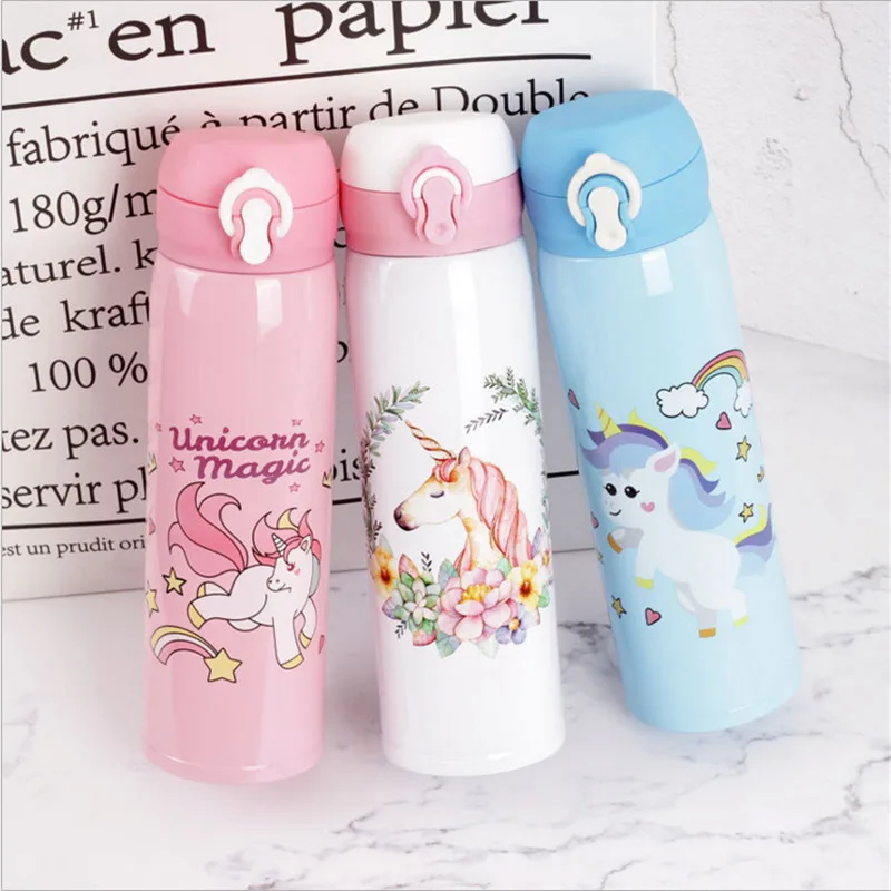 Unicorn Flamingo Thermal Mug for Children Girl Portable Cute Pink White Bouncing Lid Stainless Steel Water Bottle 350/500ML