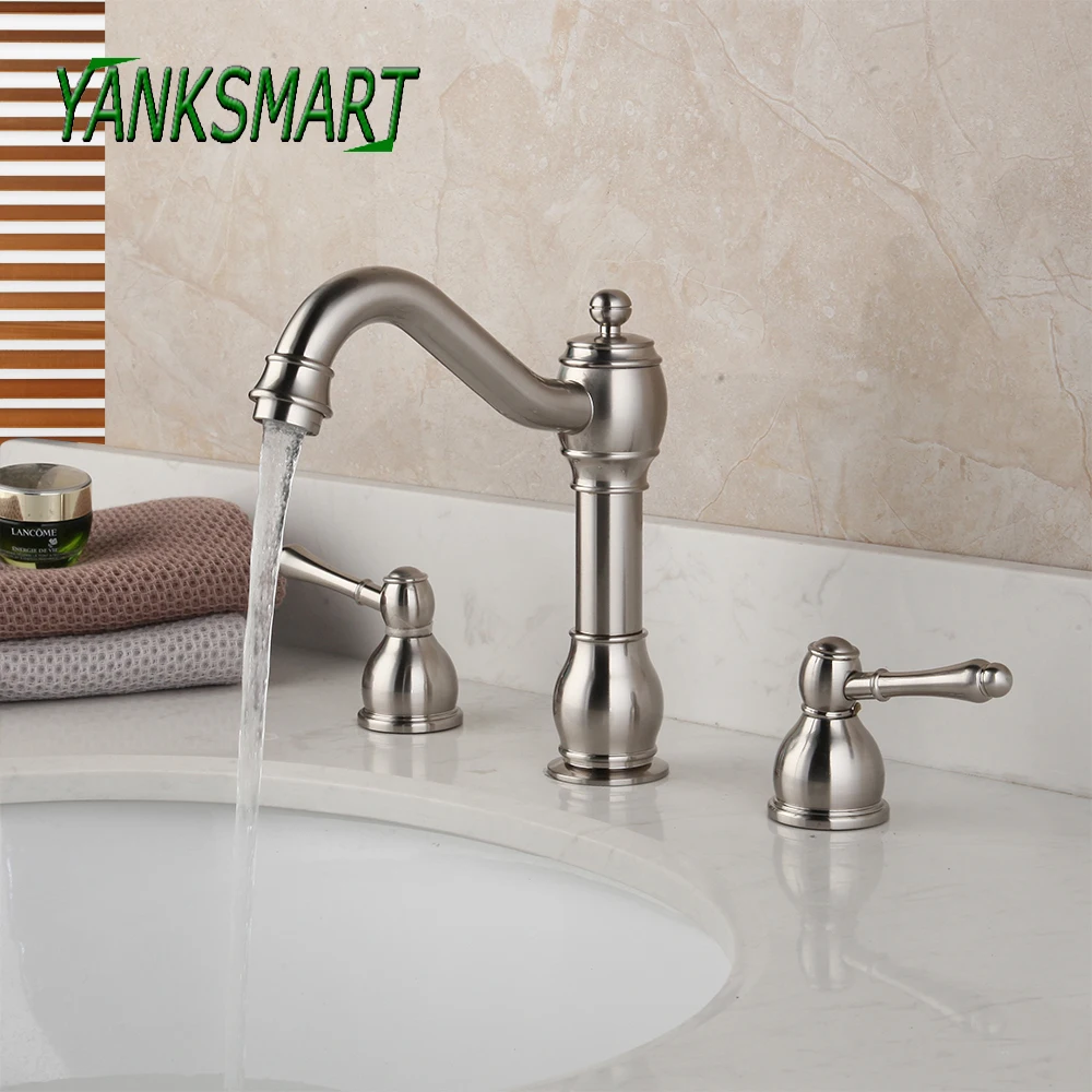 

YANKSAMRT Nickel Brushed 3 Pcs Bathroom Bathtub Faucets Set Washbasin Sink Dual Handles Faucet Deck Mounted Cold & Hot Mixer Tap