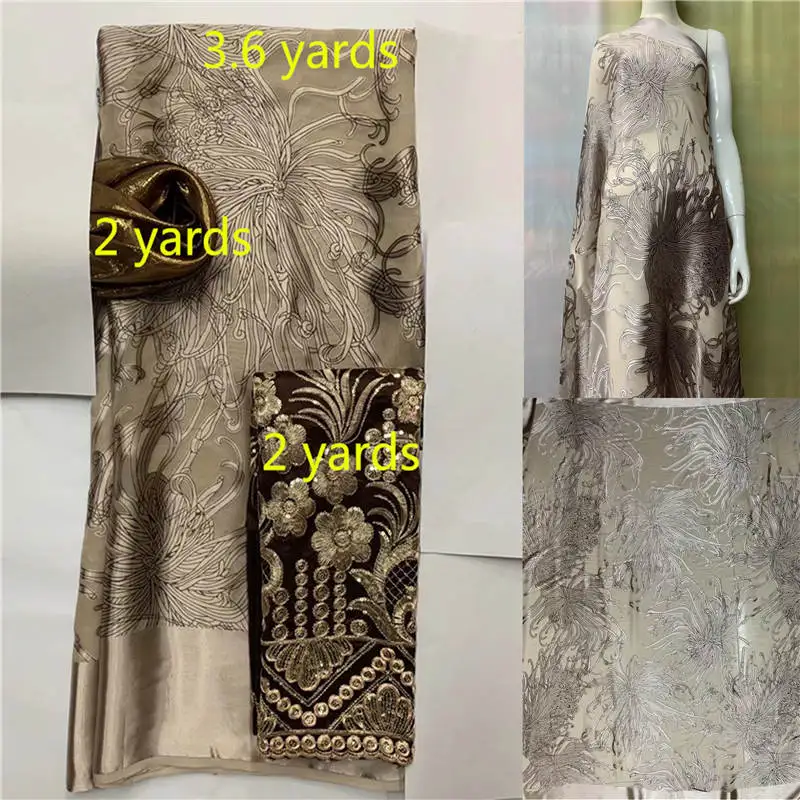 2 Yards African George Lace Matching 2 Yards Scarf+3.6 Yards Silk Design Print Fabric For Women Wedding Party Dress.N15