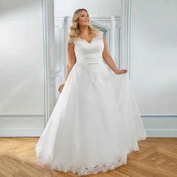 Romantic A Line Wedding Dress Cap Sleeve V Neck Sleeveless Appliques Vestido De Noiva Long Bridal Gown Plus Size Customized