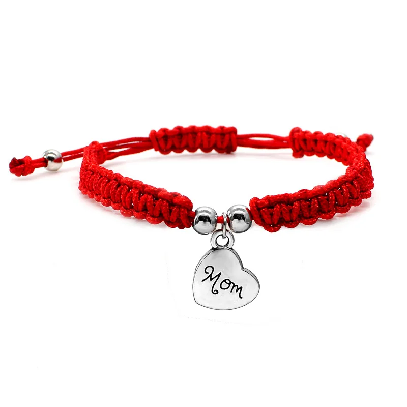 Lucky Red Rope Bracelet Women Handmade Woven String Mom Heart Pendant Bracelet Charm Jewelry 2021 Mother's Day Gift Wholesale