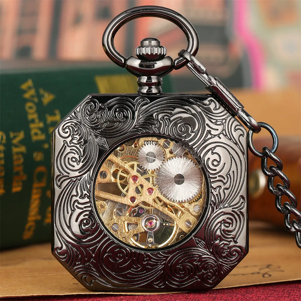 Antique Black Mechanical Hand-Wind Pocket Watch Transparent Glass Hand Square Pendant Manual Mechanism Pocket Clock Retro Gift