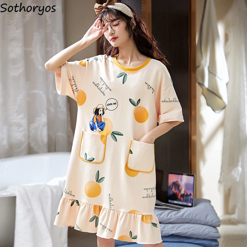 

Kawaii Nightgowns Women Teenagers Short Sleeve Ruffles Lovely Printed Loose Cozy Basic Cozy M-3XL Sleepshirts Trendy Lounge New