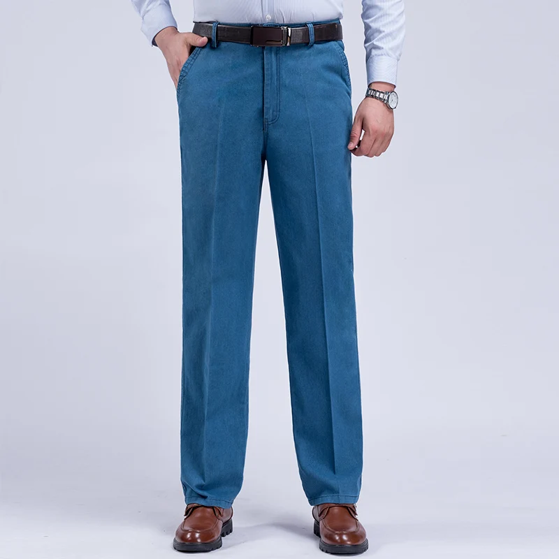 Pantalones vaqueros de cintura alta para hombre, Jeans rectos e informales de algodón de alta calidad, de ajuste Regular, holgados, para primavera y verano