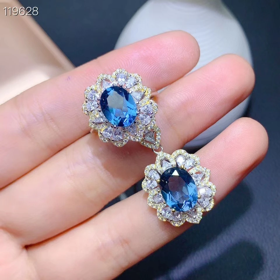 KJJEAXCMY Fine Jewelry 925 sterling silver inlaid natural blue topaz new girl popular pendant ring set support test with box
