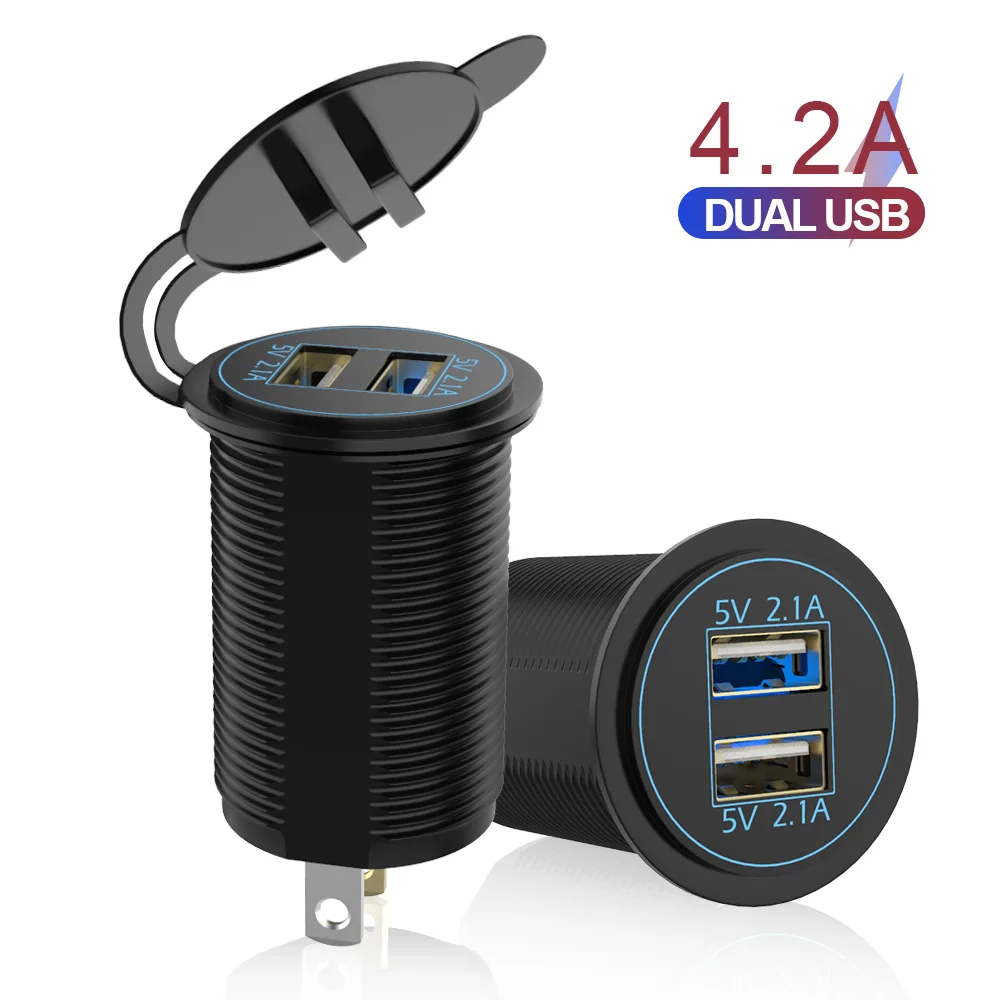 

Двойное зарядное устройство USB для авто, морского мотоцикла, грузовика, 12-24 В, 2-портовый USB-адаптер питания, светодиодная розетка с синим светом, выход 5 В, 4,2 А