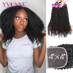Yvonne-mechones rizados con cierre, cabello humano virgen brasileño, 4x4, 3 + 1, 4A, 4B