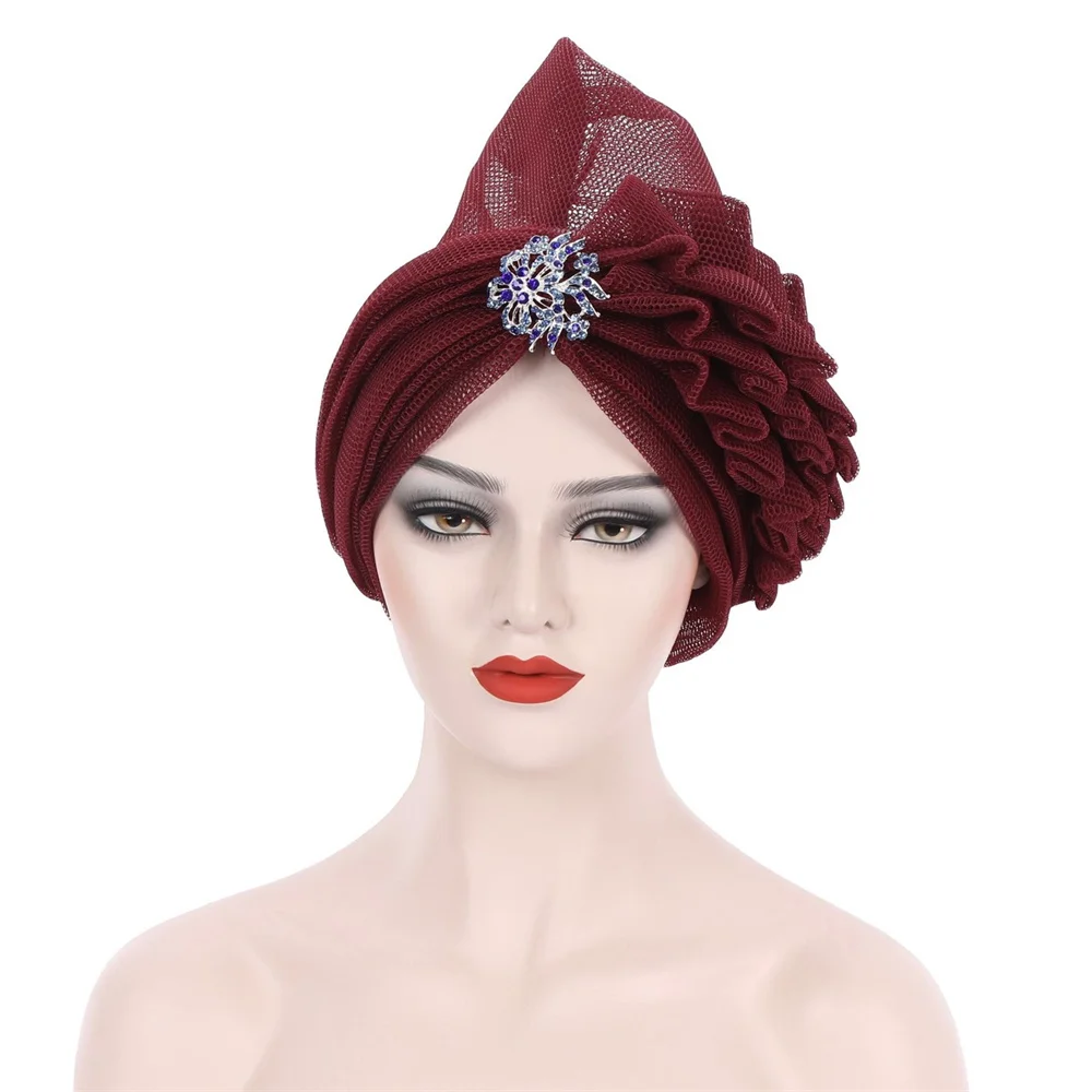 Latest Style African Turban Net Hat Ready to Wear Auto Gele Women's Turban Net Caps Unique Diamonds Ladies Headtie Wedding Geles