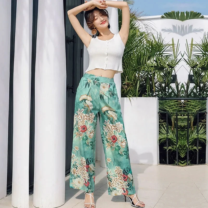 Satin Silk Print Boho Casual Ankle-Length Pants Women\'s High Waist Wide Leg Pantalones Summer Korean Straight Baggy Trousers