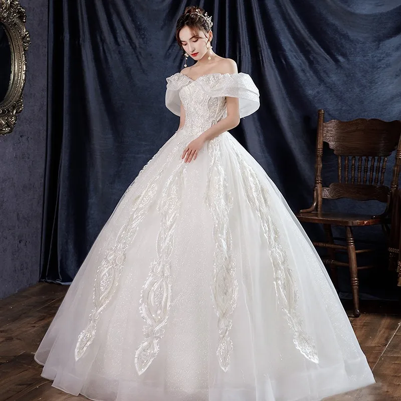 Vestido De novia De encaje De lujo con lentejuelas y hombros descubiertos, Vestido De princesa De talla grande