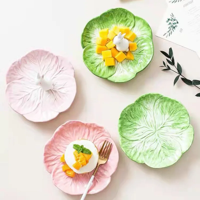 7.5inch Funny Green Cabbage Salad Dinner Plate Flat Ceramic Round Shallow Dessert Dishes Party Sushi Tray Tableware Crockery.