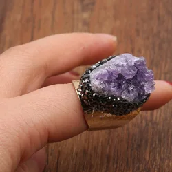 Rings for Women Natural Amethysts Druzy Irregular Gemstones Fingers Ring Animal Bull Head Adjustable Hip Hop Gold Plated Rings
