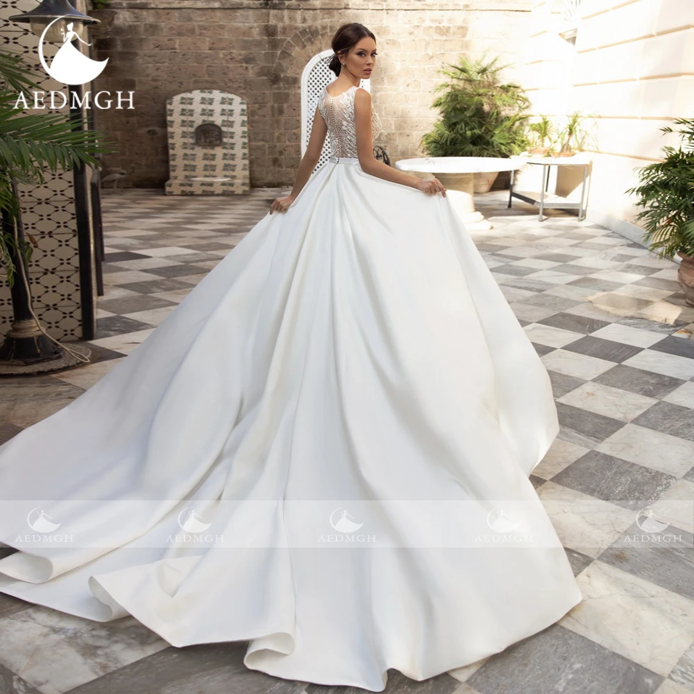 Aedmgh-vestidos De novia De satén con línea A, traje De novia sin mangas con escote Corazón, Apliques De encaje con cuentas, personalizado, 2024