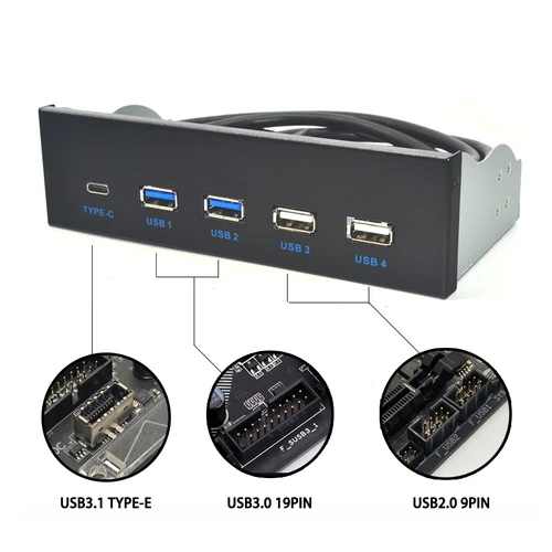 데스크탑 PC용 전면 패널 USB 허브, USB 3.1, 2 포트, USB 3.0, 2 포트, USB2.0, 1 포트 TYPE-C, TYPE-E 커넥터 포함, GEN2, 5.25 인치 