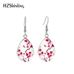 Chinese plum blossom Flower Pattern Tear Drop Dangle Earrings Glass Cabochon Handmade Craft Jewelry