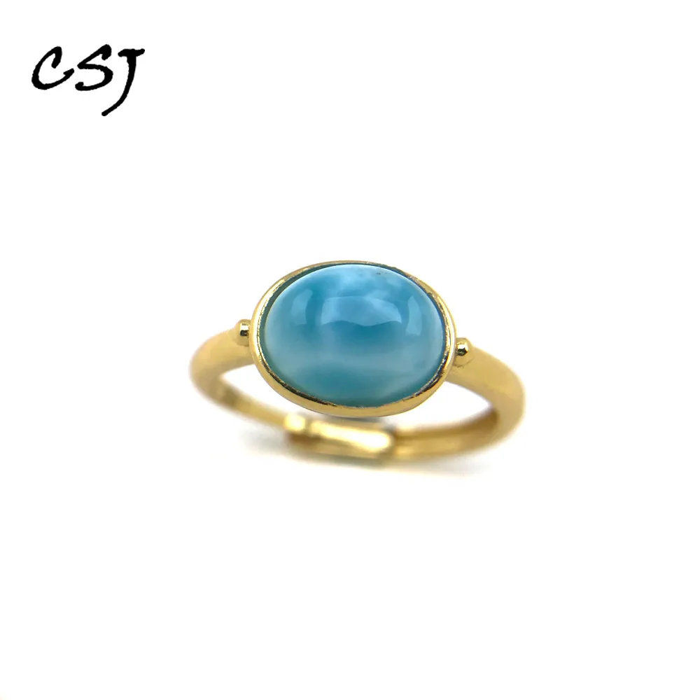 

CSJ Natural Larimar Ring Round 6mm adjustable fine jewelry Sterling 925 Silver Wedding Engagement Bands for Women Lady Girl Gift