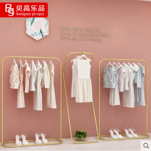 Gold clothing store display rack floor type combined hanger shelf for women's clothing store