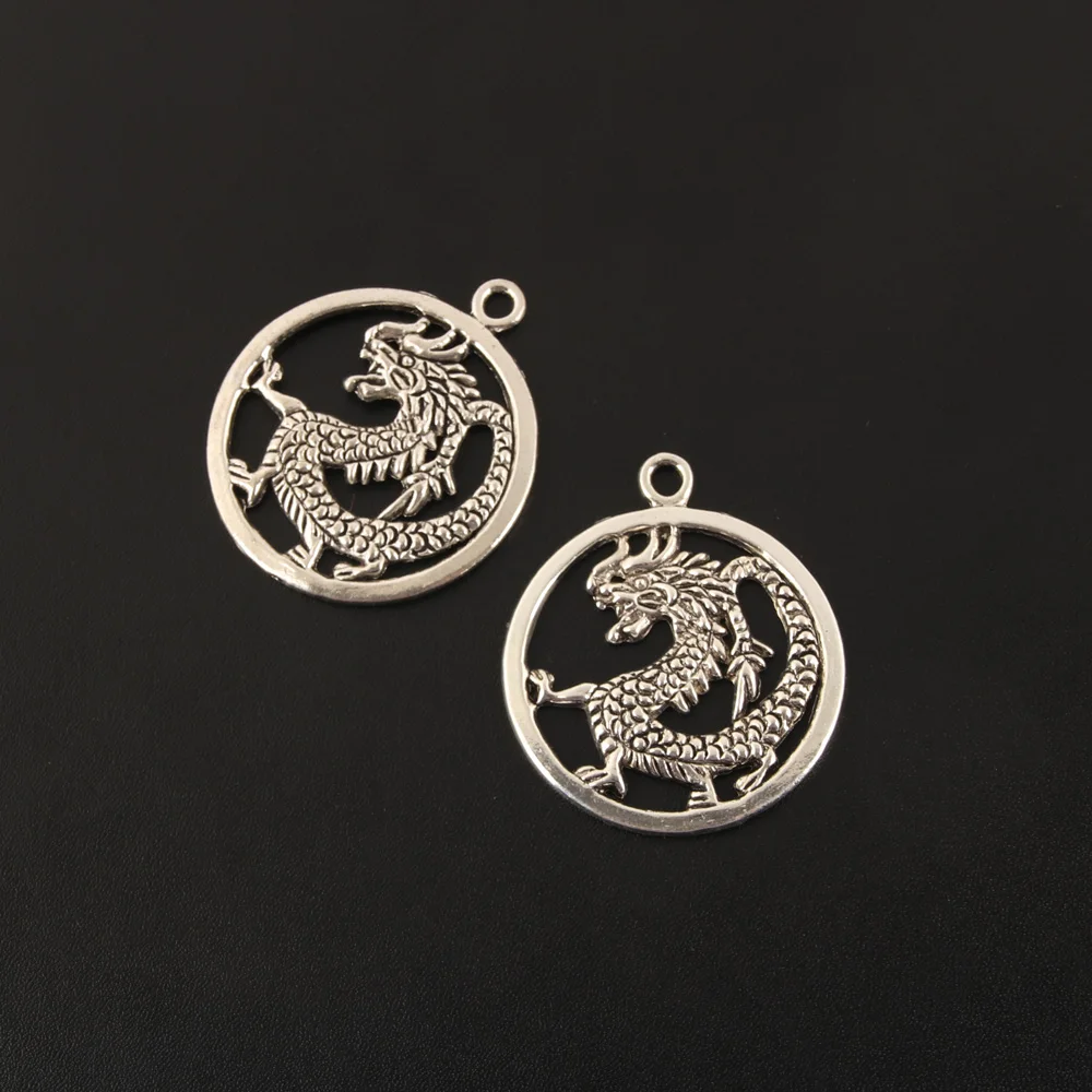 5pcs Silver Color Flying Dragon Charms Round Animal Pendants Great Details DIY Handmade Jewelry Findings Accessorie  SALE