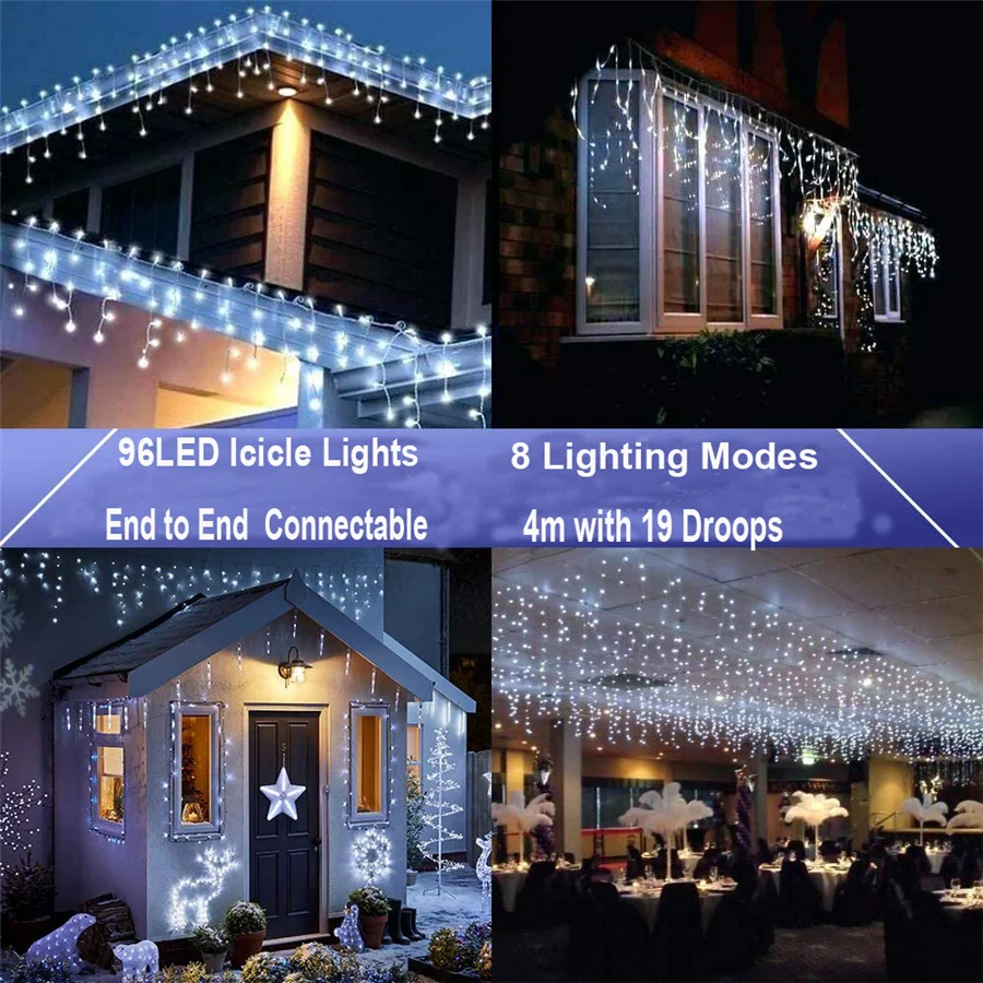 LED Icicle Lights 8 Modes 5M Outdoor Christmas String Lights Holiday Garlands for Eaves Balcony Hotel Entrance Patio Decoration