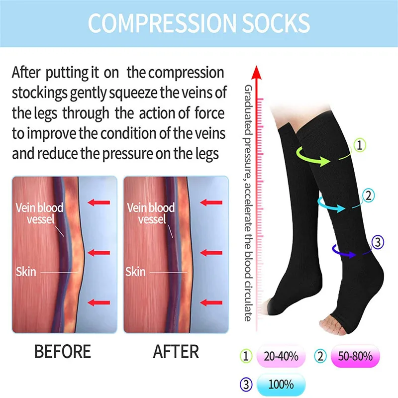 1 Pair Varicose Veins Medical Compression Stockings 23-32mmHg Pressure Level 2 Serious Calf Leg Slimming Socks Open / Close Toes