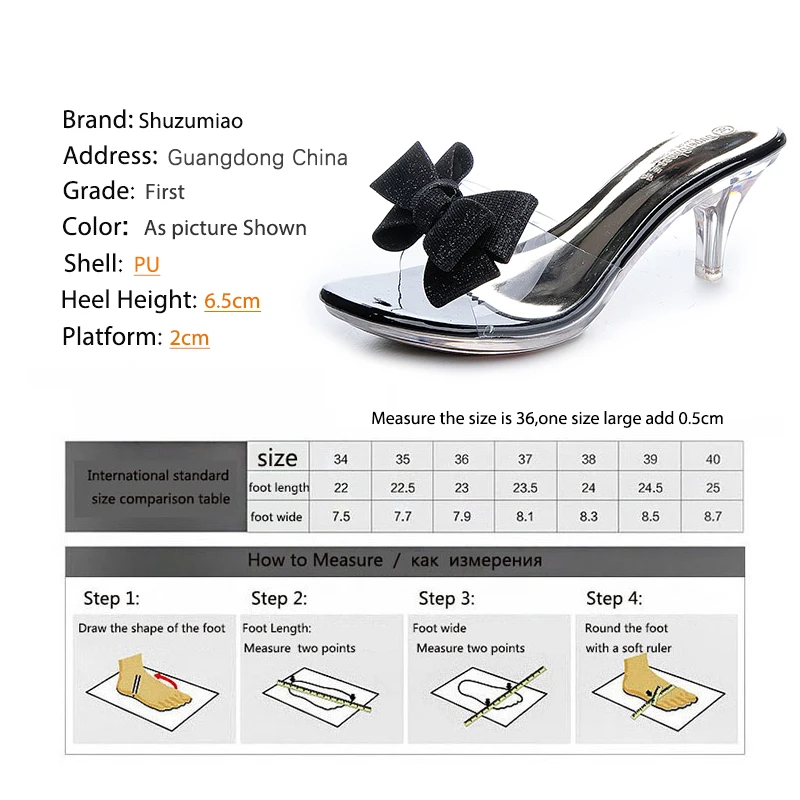 New Women Slippers High Heeled 6.5CM Butterfly-knot Women Casual Shoes Mules PVC Transparent Shoes Clear Open Toe Female Slipper