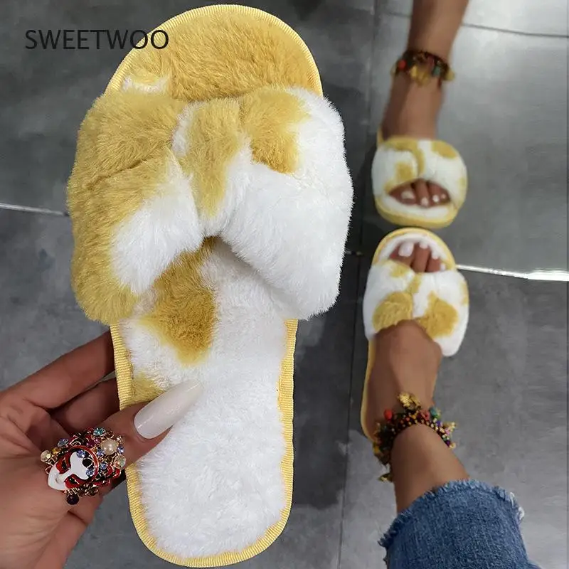 Women Short Plush Flat Slippers Fashion Warm Concise Faux Fur Cotton Indoor Shoes Assorted Colors Winter