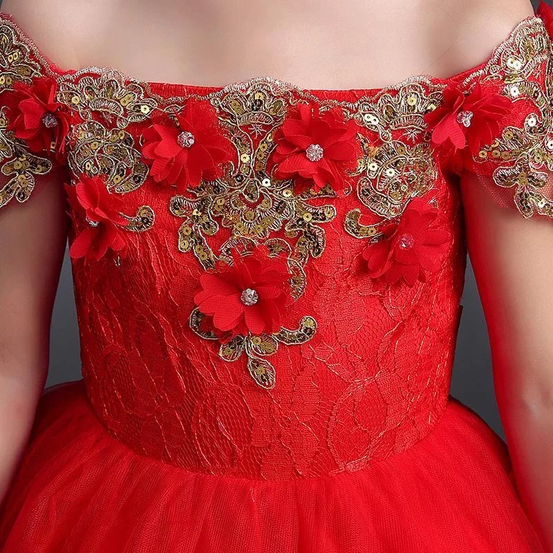 Red Lace Girl Dress Kids Girl Party Princess Gowns Long Trailing Flower Girl Dresses for Wedding kids First Communion Gown