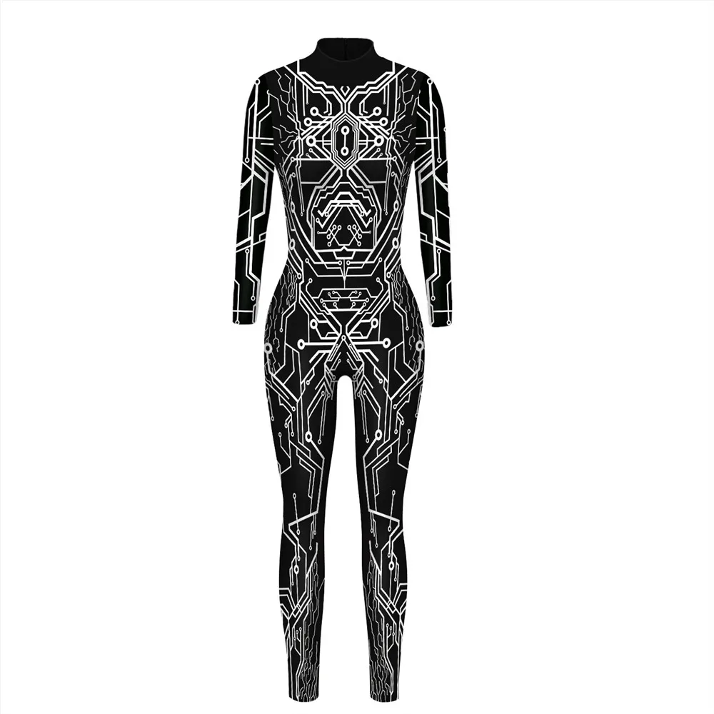 FCCEXIO Messy Lines Print Black Jumpsuit  Long Sleeve Sexy Women Skinny Jumpsuit Party Series Cosplay Elastic Bodysuits