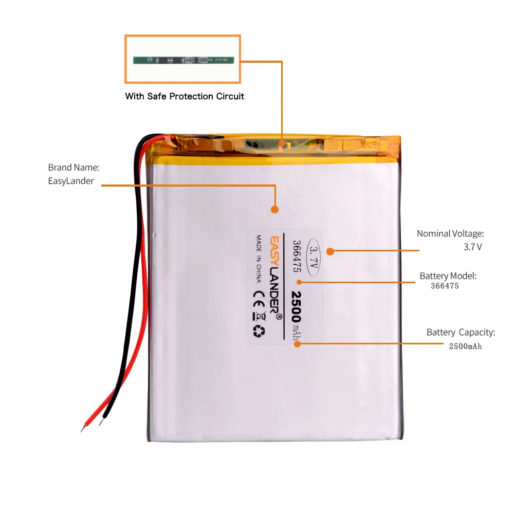 3.7V,2500mAh 366475 Polymer lithium ion/Pin Li-ion cho máy tính bảng, GPS Sách điện tử
