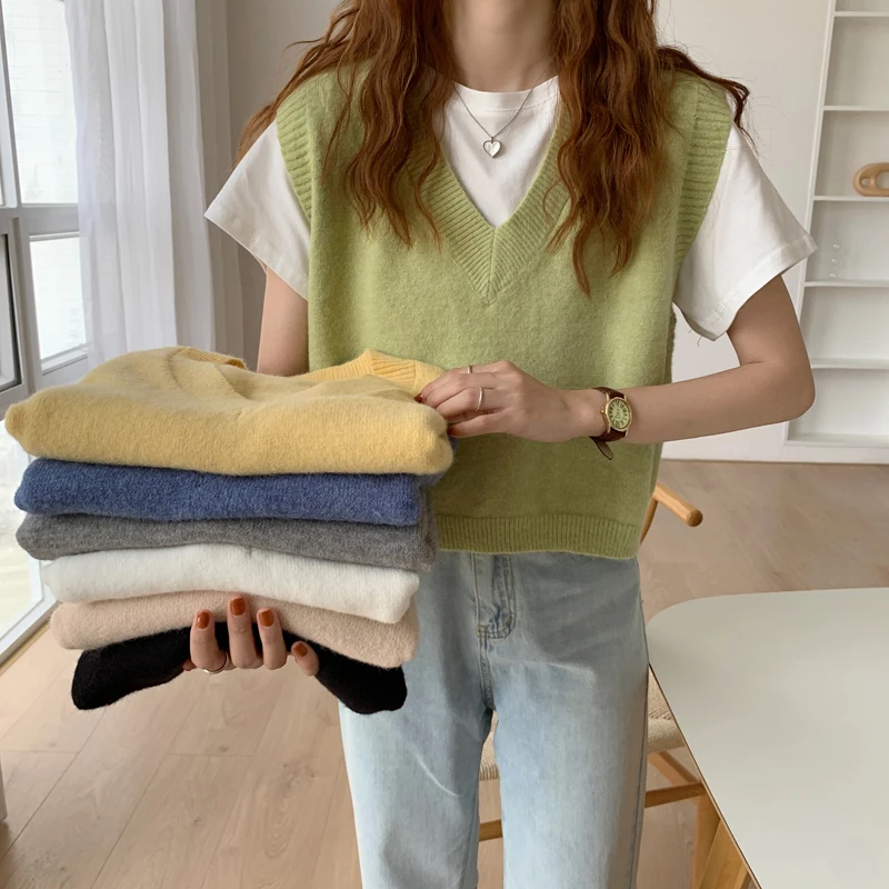 7 colors 2020 korean preppy style V-neck soild color loose vest sweaters womens knitted sweaters womens pullovers (C1903)