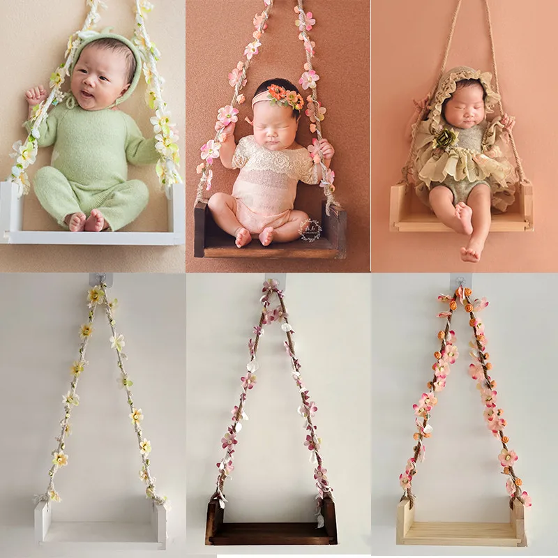 

Newborn Photography Swing Chair With Flower Vine Props For Studio 100 Days Photo Theme Flower Rope Swing Full-moon Photo Props