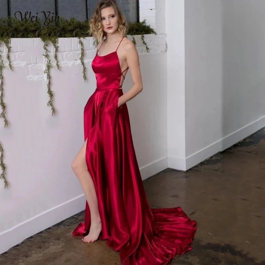 Weiyin AE0626 Sexy Slit Satin Geel Avondjurken Lange Een Lijn Cris-Cross Terug Prom Jurken Formele Party Gown robe De Soiree