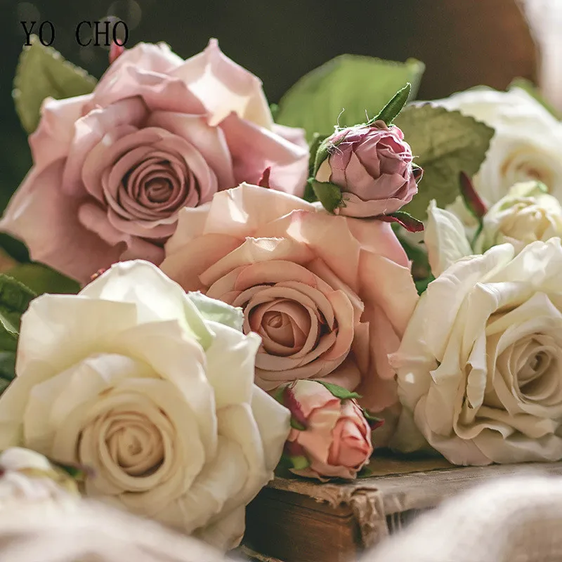 YO CHO grandi fiori di seta artificiale retrò rosa seta bianca rosa grandi fiori finti ramo matrimonio decorazioni per la casa soggiorno natale