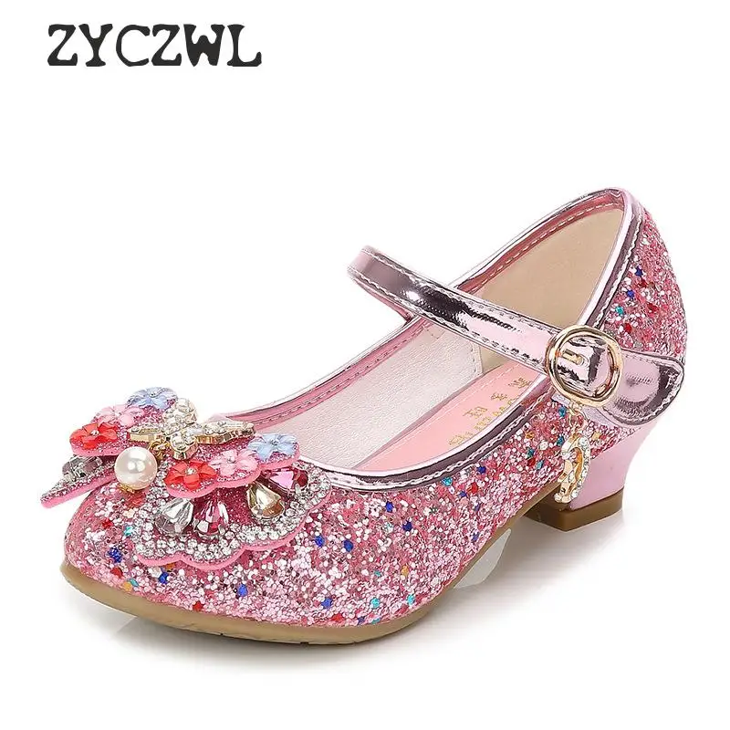 Children Princess Leather Shoes New girls high heels sequin children's shoes small and medium girls princess shoes student shoes